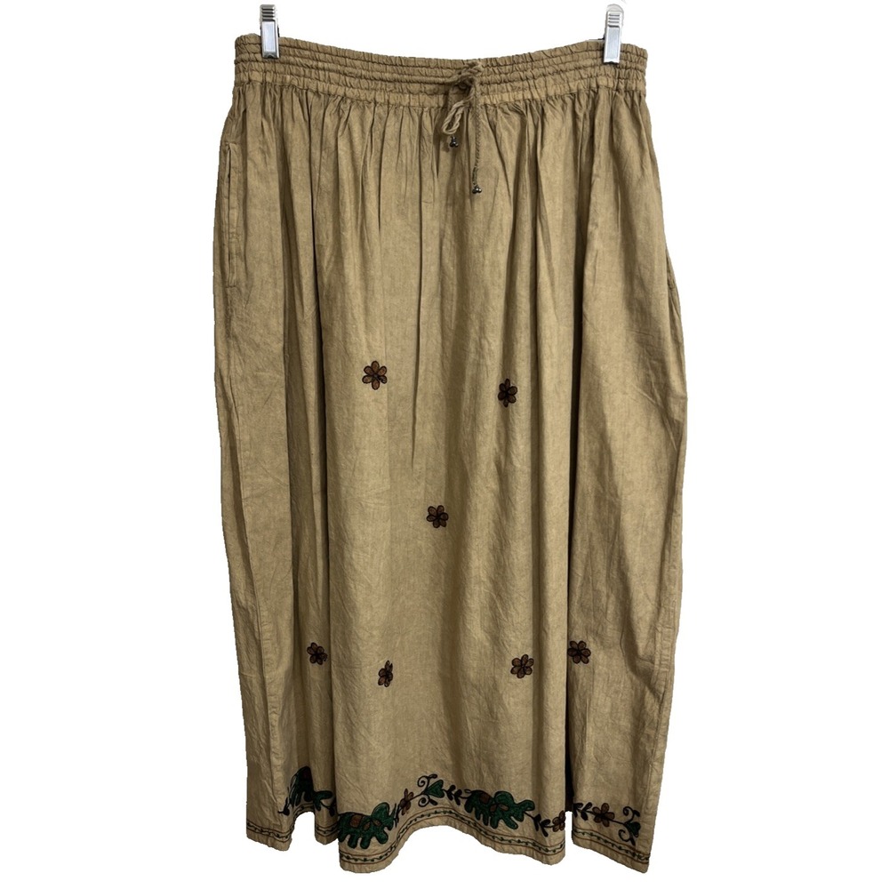 VTG Raiment Fashions NY Maxi Skirt Size M Cotton Embroidered Tie Waist Tan